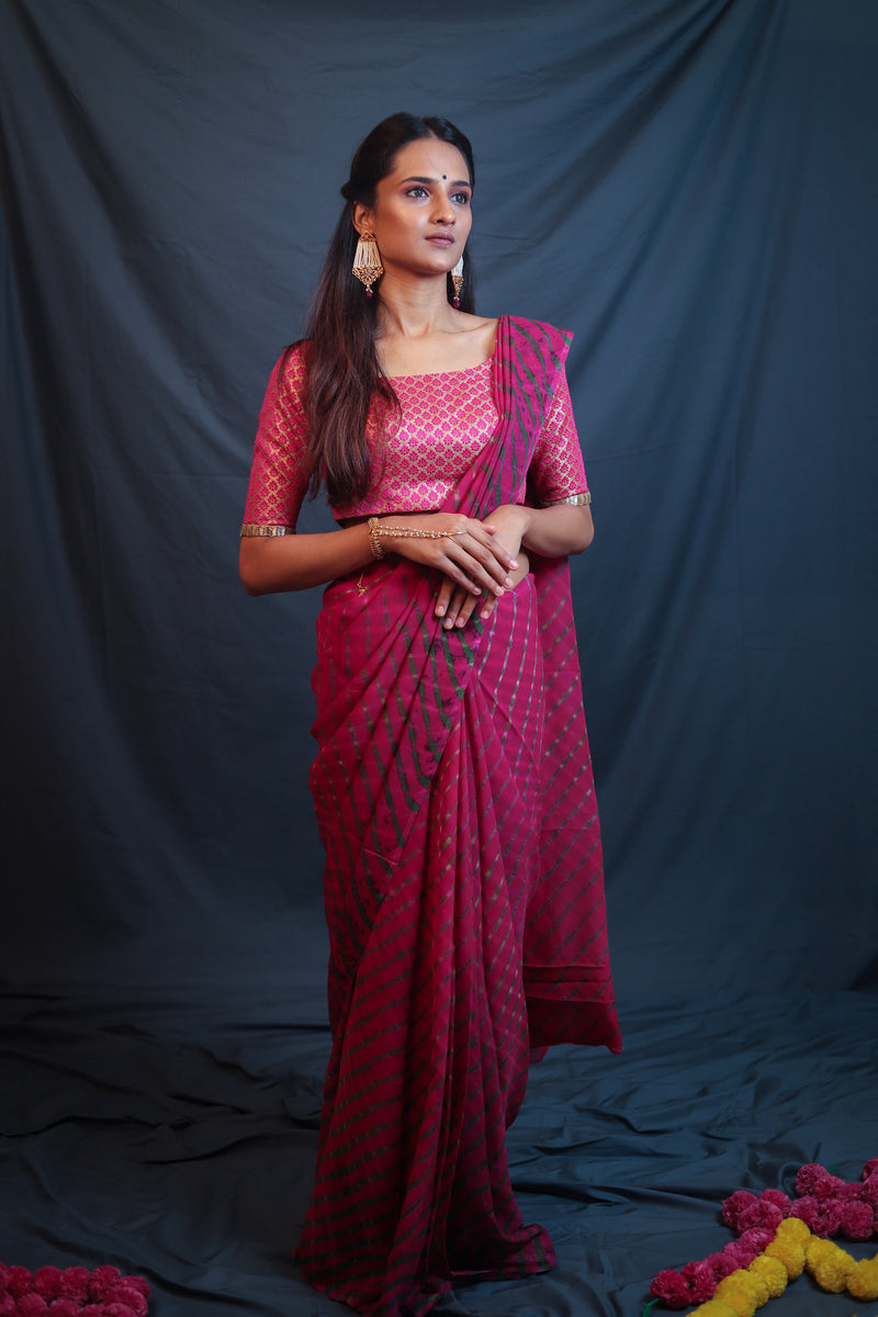 Leheriya - Dark Pink Chiffon Saree