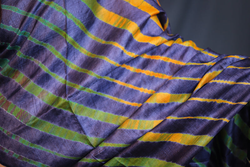 Handloom Leheriya - Navy Blue Tussar Silk Saree