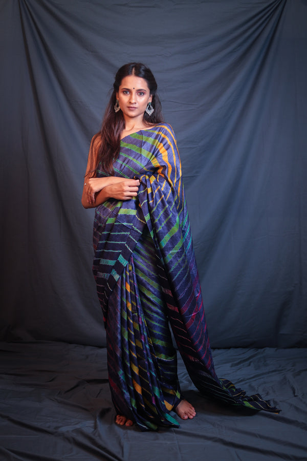 Handloom Leheriya - Navy Blue Tussar Silk Saree