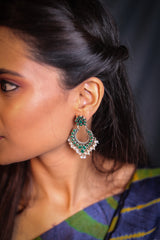 Silver Green Stone & Pearl Earrings
