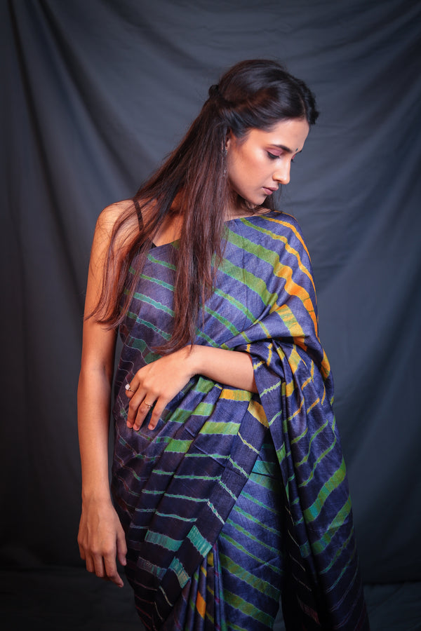 Handloom Leheriya - Navy Blue Tussar Silk Saree