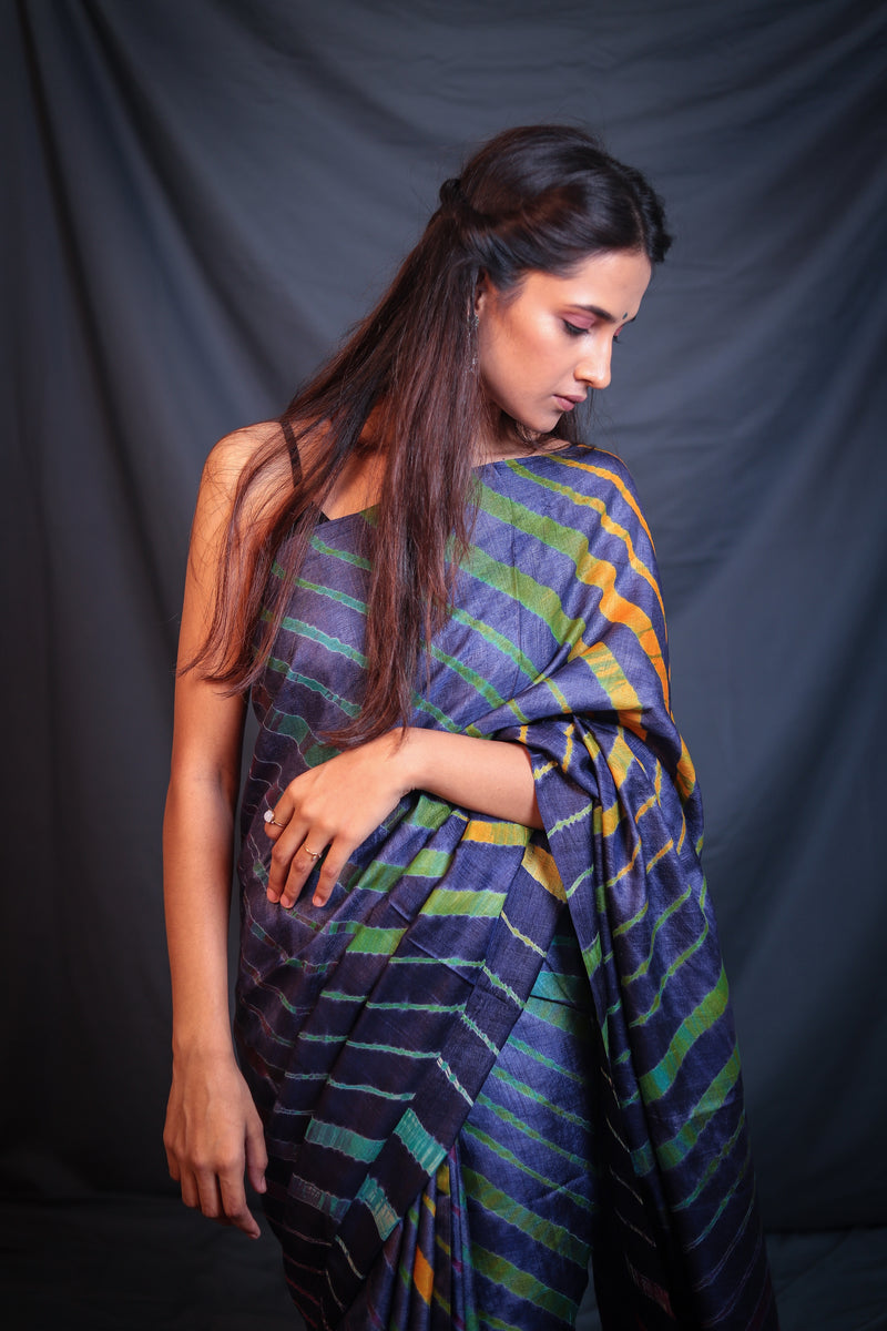 Handloom Leheriya - Navy Blue Tussar Silk Saree