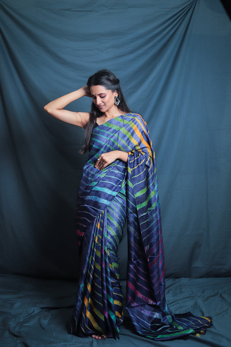 Handloom Leheriya - Navy Blue Tussar Silk Saree