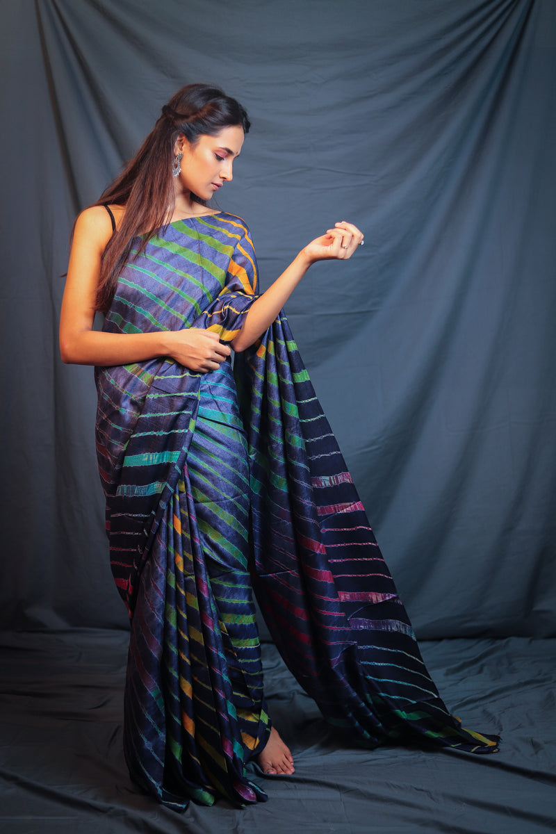 Handloom Leheriya - Navy Blue Tussar Silk Saree