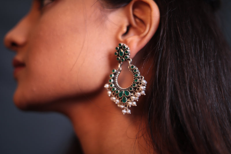 Silver Green Stone & Pearl Earrings