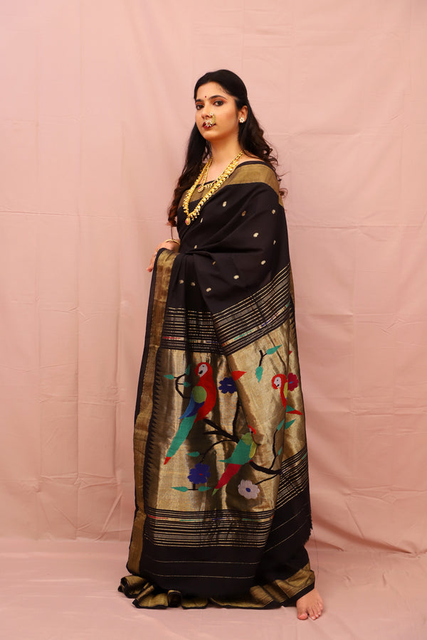 Handwoven Black & Gold Paithani Saree With Floral Parrot Motifs