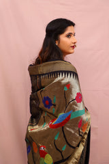 Handwoven Black & Gold Paithani Saree With Floral Parrot Motifs