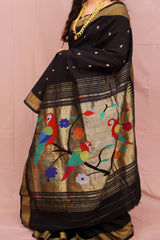 Handwoven Black & Gold Paithani Saree With Floral Parrot Motifs
