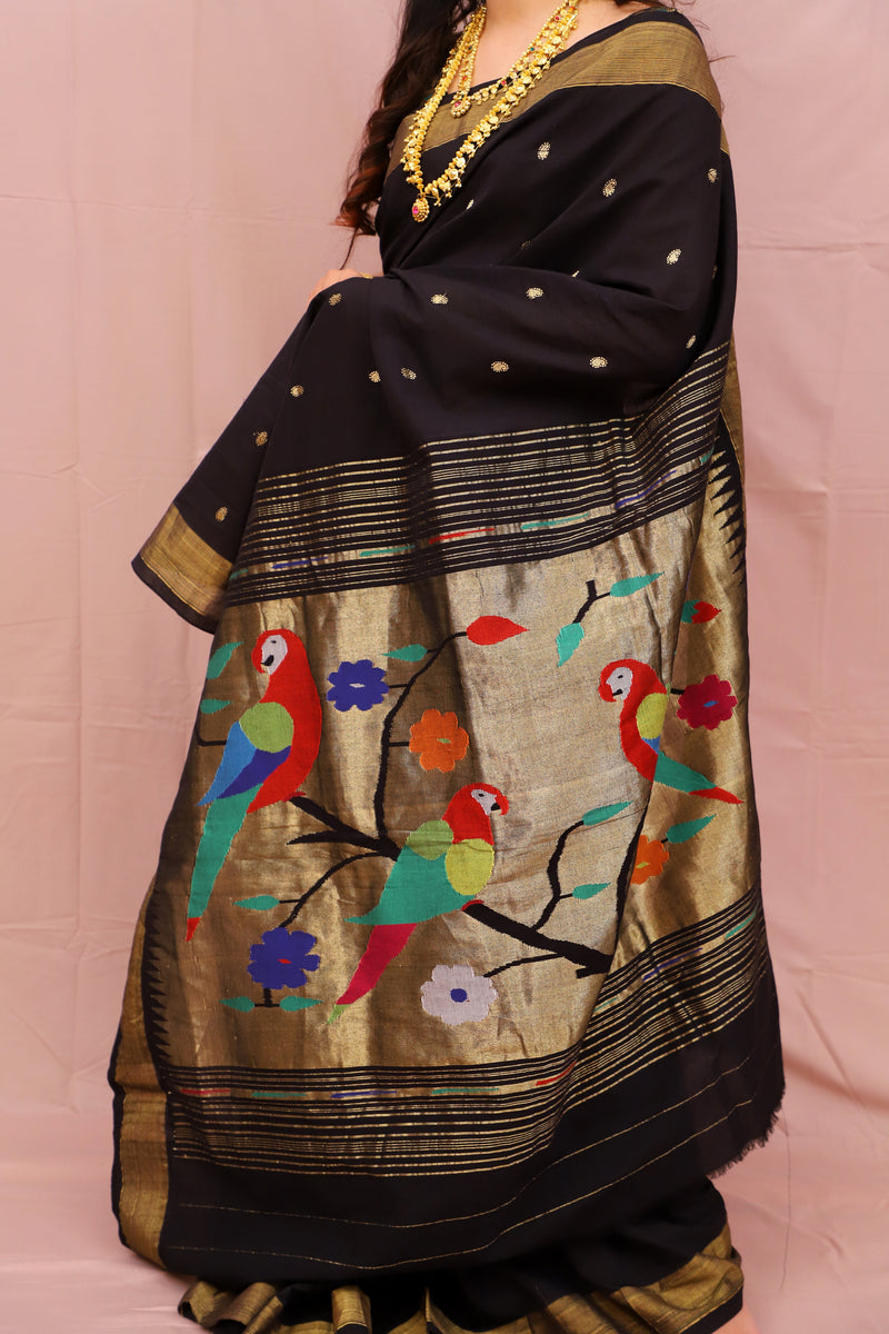 Handwoven Black & Gold Paithani Saree With Floral Parrot Motifs