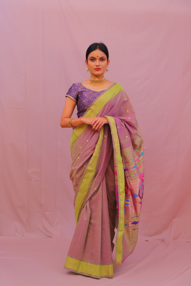 Handwoven Pinkish Dhoop Chhaon Color & Gold Paithani Saree With Lotus Motifs