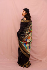 Handwoven Black & Gold Paithani Saree With Floral Parrot Motifs