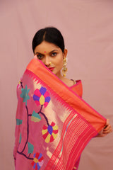 Handwoven Pink & Gold Paithani Saree With Parrot Motifs