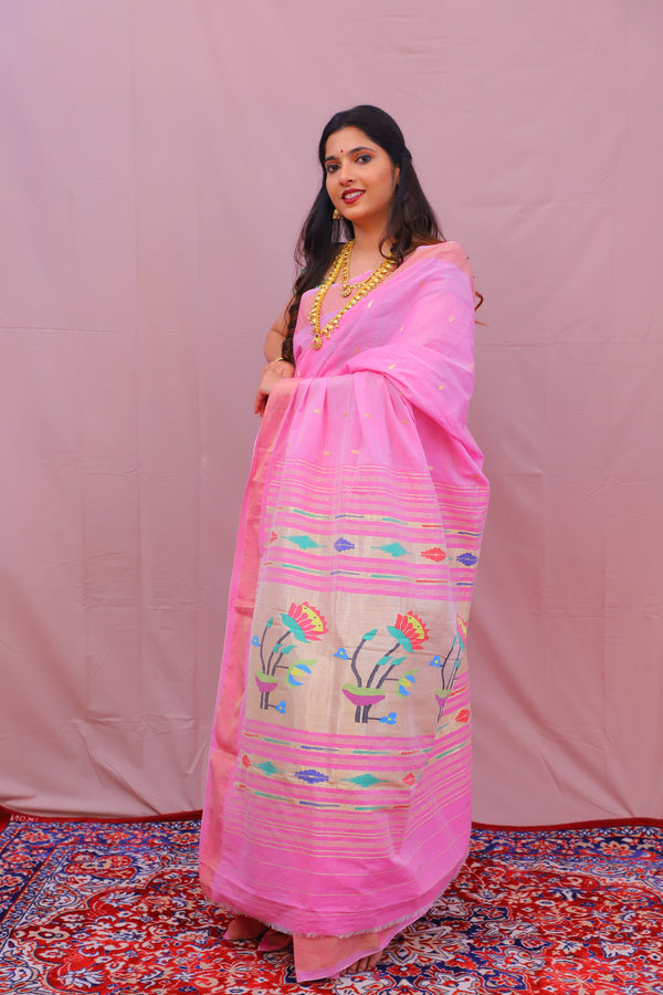 Handwoven Pastel Pink & Gold Paithani Saree With Lotus Motifs