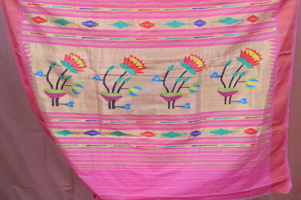 Handwoven Pastel Pink & Gold Paithani Saree With Lotus Motifs