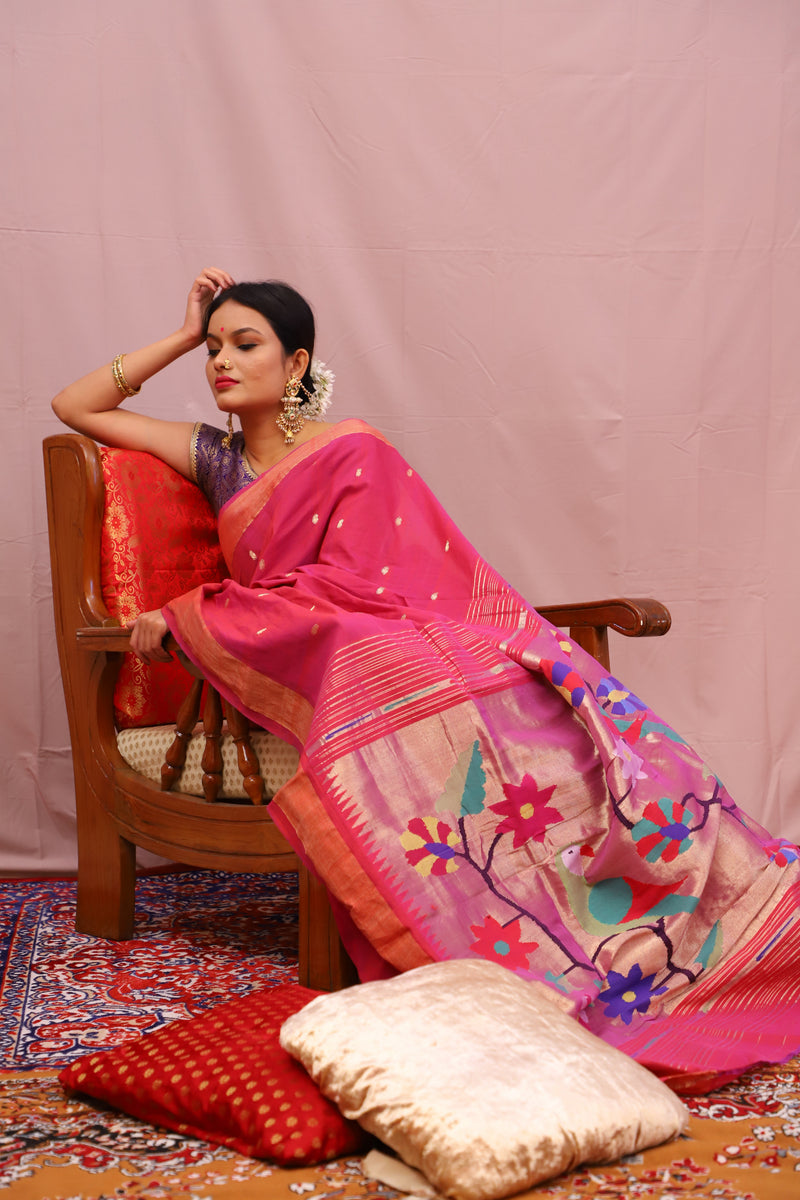 Handwoven Pink & Gold Paithani Saree With Parrot Motifs