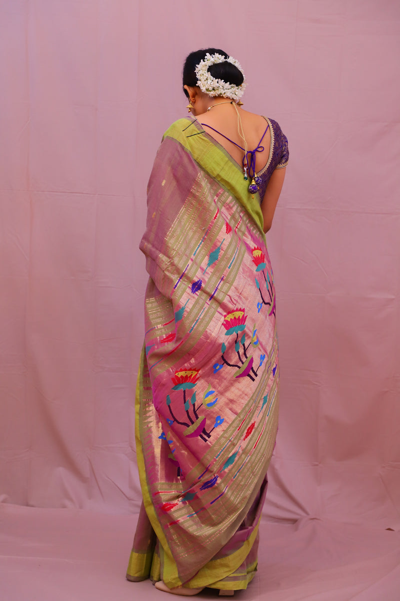 Handwoven Pinkish Dhoop Chhaon Color & Gold Paithani Saree With Lotus Motifs