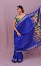 Handwoven Blue & Gold Paithani Saree With Asawali Motifs