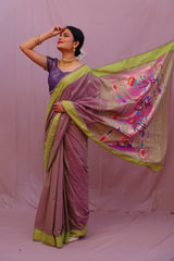 Handwoven Pinkish Dhoop Chhaon Color & Gold Paithani Saree With Lotus Motifs