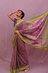 Handwoven Pinkish Dhoop Chhaon Color & Gold Paithani Saree With Lotus Motifs