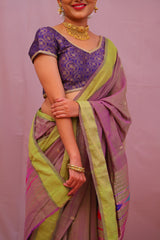 Handwoven Pinkish Dhoop Chhaon Color & Gold Paithani Saree With Lotus Motifs