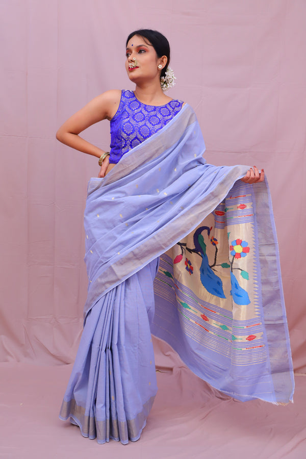 Handwoven Ice Blue & Gold Paithani Saree With Peacock Motifs