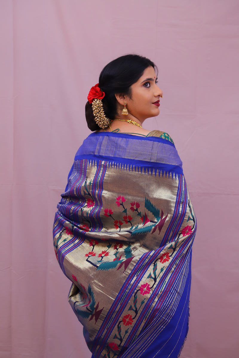 Handwoven Blue & Gold Paithani Saree With Asawali Motifs