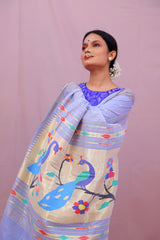 Handwoven Ice Blue & Gold Paithani Saree With Peacock Motifs