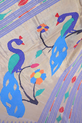 Handwoven Ice Blue & Gold Paithani Saree With Peacock Motifs