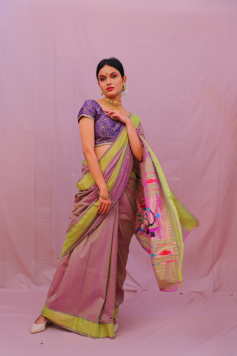Handwoven Pinkish Dhoop Chhaon Color & Gold Paithani Saree With Lotus Motifs