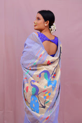 Handwoven Ice Blue & Gold Paithani Saree With Peacock Motifs