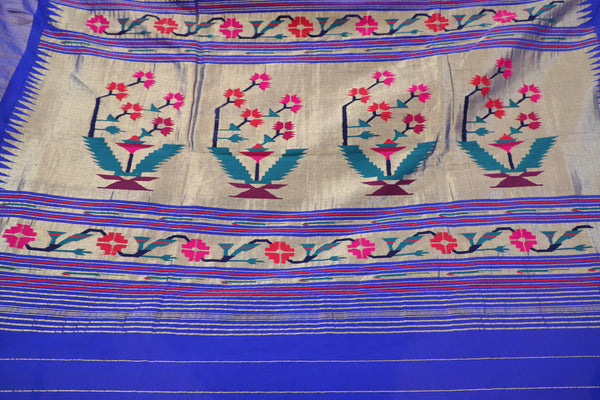 Handwoven Blue & Gold Paithani Saree With Asawali Motifs