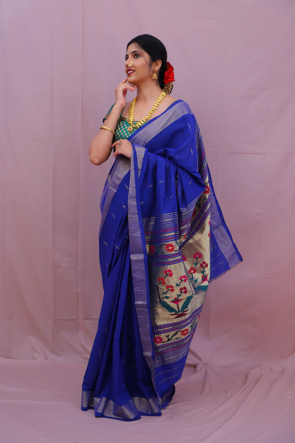 Handwoven Blue & Gold Paithani Saree With Asawali Motifs