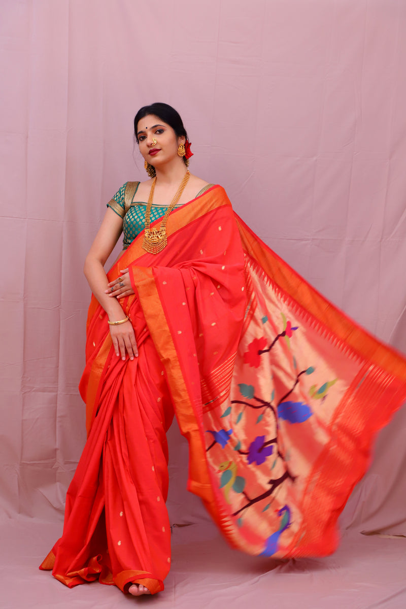 Handwoven Tomato Red & Gold Paithani Saree With Peacock Motifs