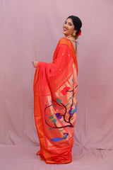 Handwoven Tomato Red & Gold Paithani Saree With Peacock Motifs