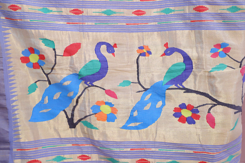 Handwoven Ice Blue & Gold Paithani Saree With Peacock Motifs