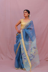 Handwoven Sky Blue Muslin Jamdani Saree