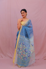 Handwoven Sky Blue Muslin Jamdani Saree