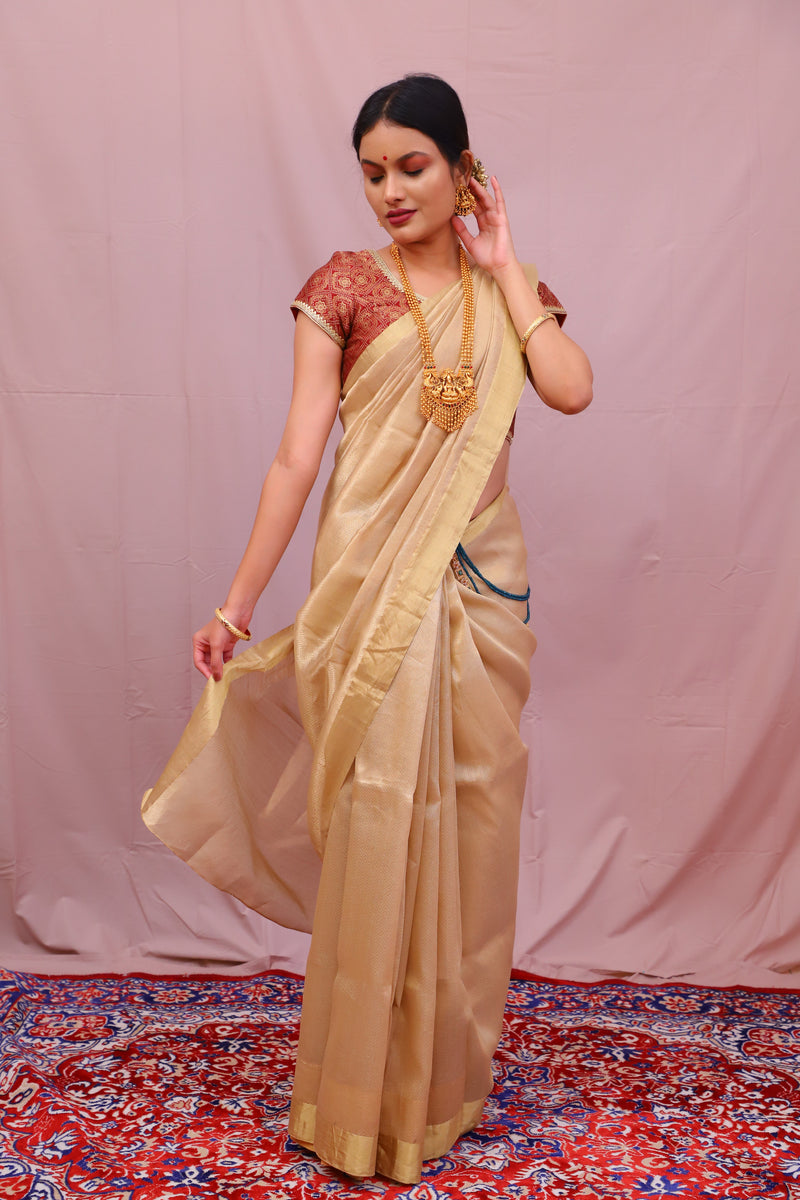Antique Gold Handloom Chanderi Saree In Pure Silk