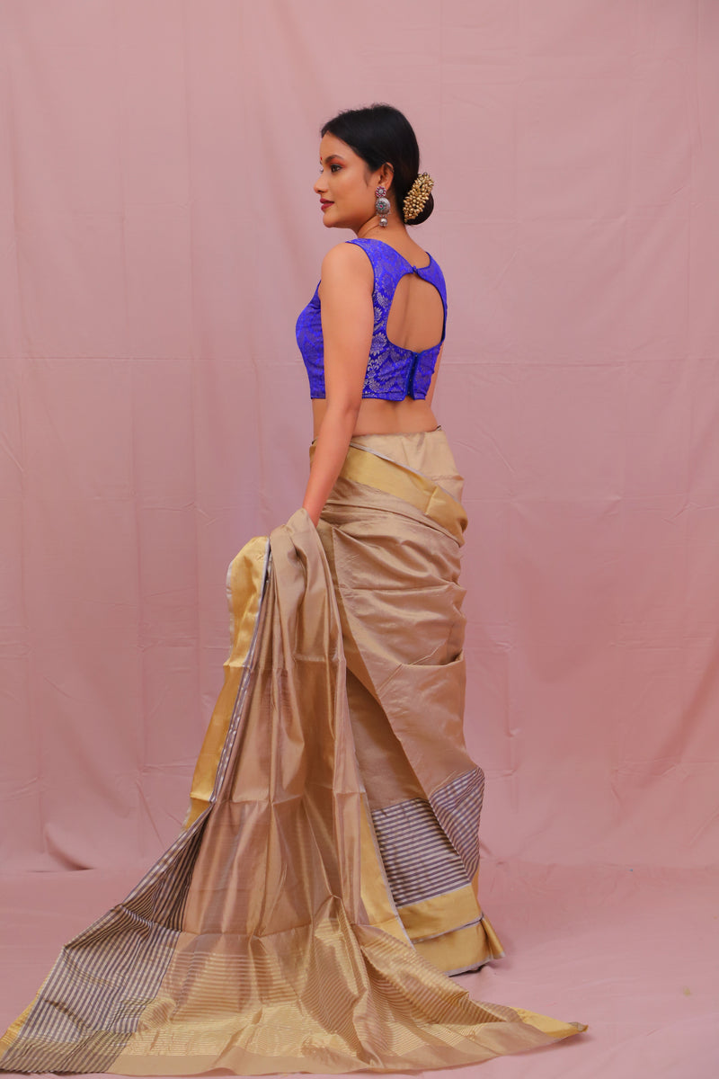 Handwoven Gold & Grey Chanderi In Finest Mulberry Silk