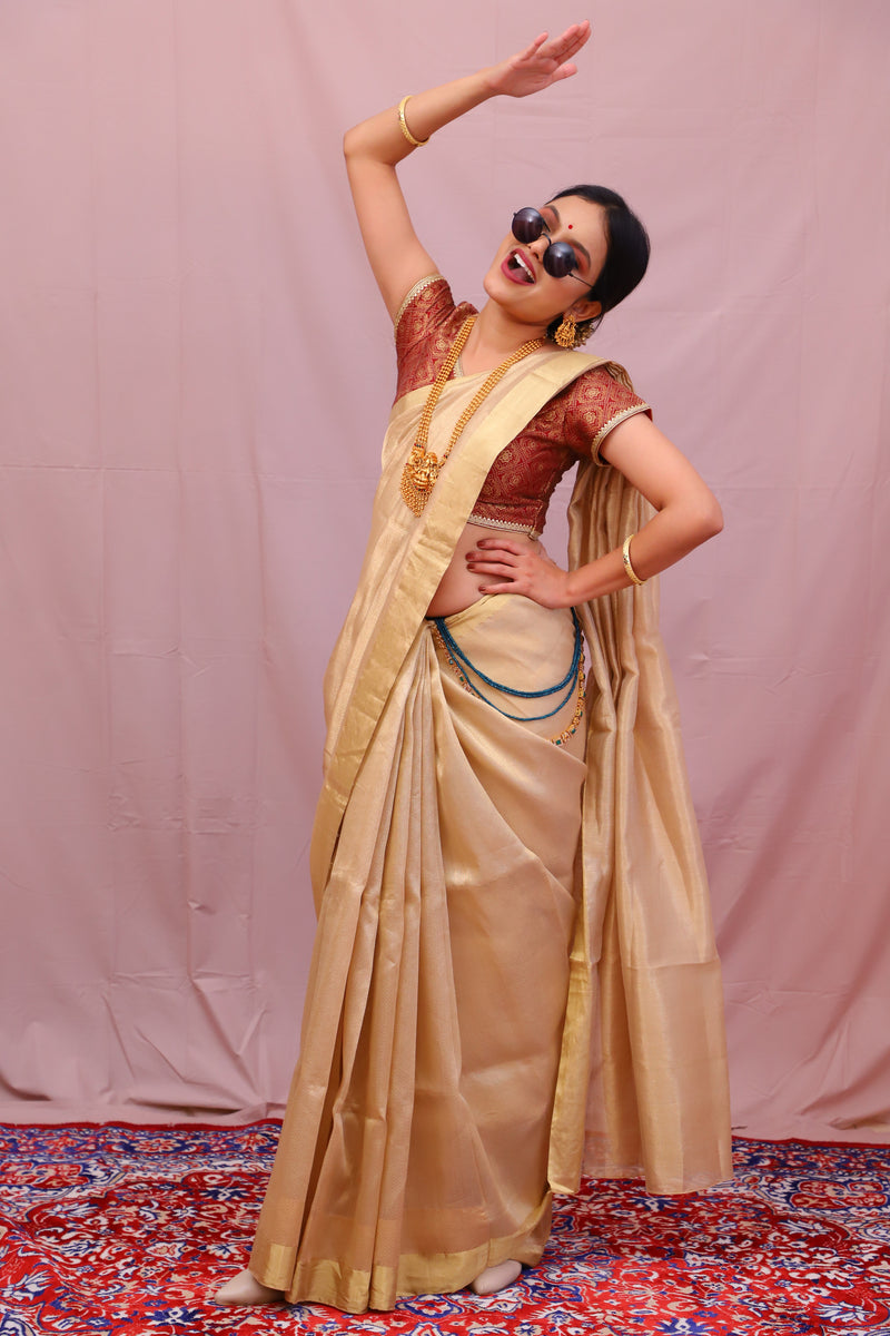 Antique Gold Handloom Chanderi Saree In Pure Silk