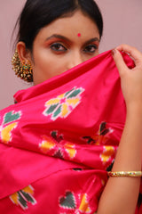 Double Ikat Gold Pink Floral Motifs Handwoven Patola