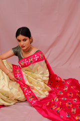 Double Ikat Gold Pink Floral Motifs Handwoven Patola