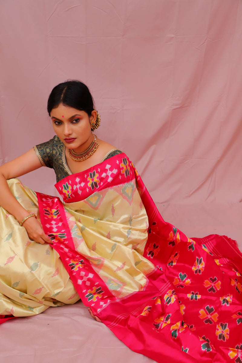 Double Ikat Gold Pink Floral Motifs Handwoven Patola
