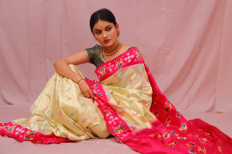 Double Ikat Gold Pink Floral Motifs Handwoven Patola