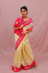 Double Ikat Gold Pink Floral Motifs Handwoven Patola