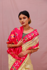 Double Ikat Gold Pink Floral Motifs Handwoven Patola
