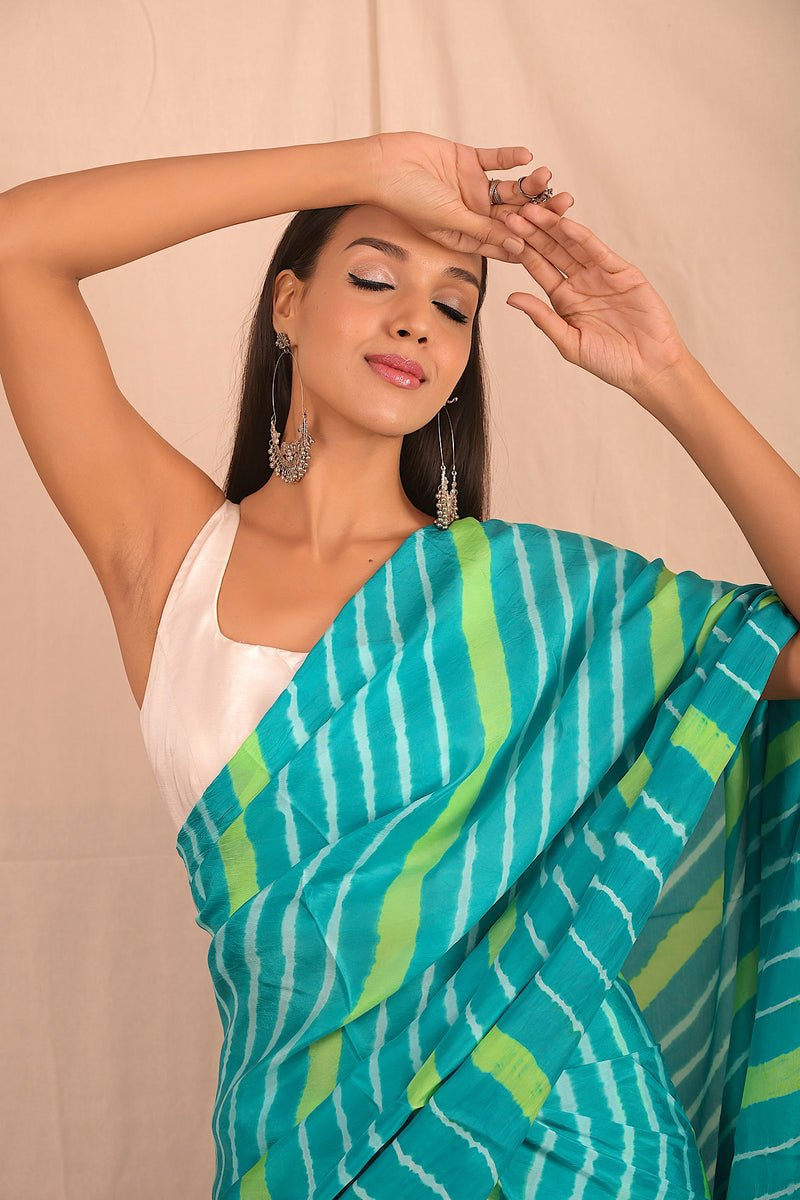 Leheriya - Blue Green White Mulberry Silk Saree
