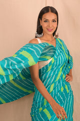 Leheriya - Blue Green White Mulberry Silk Saree