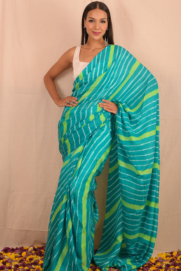 Leheriya - Blue Green White Mulberry Silk Saree