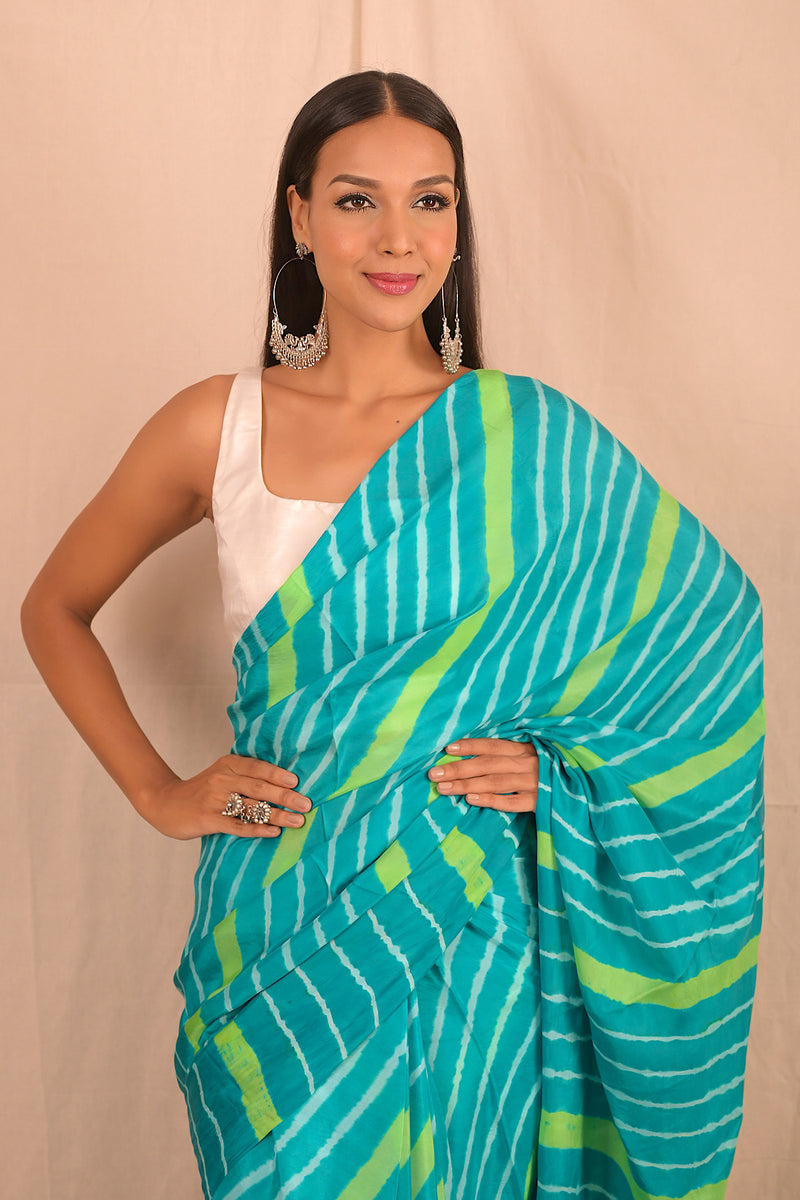 Leheriya - Blue Green White Mulberry Silk Saree